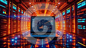 Laptop in Server Room Data Center Cloud Computing Concept