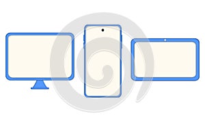 Computer, mobile smartphone, tablet device with blank screen. Mobile app development, application building, UI and UX, web design.