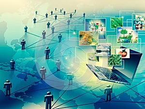 Computer mobility, internet communication and cloud computing concept: laptop with cloud of color application icons