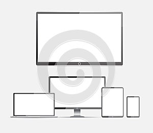 Computer mockup set. Lcd monitor, Laptop, tablet, mobile phone
