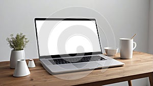 Computer mockup white background on table on light wooden. Laptop with blank screen