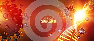 Computer model of Coronavirus in futuristic red rays over dark background and dna molecule. 3d model of virus 19-Cov