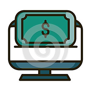 Computer money banknote online financial business stock market line and fill icon