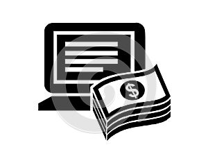 Computer with money in cash, dollar, piles, stacks of dollars banknotes, symbol of economy growth, progress, profit, wealth,