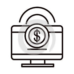 Computer money coin cash internet shopping or payment mobile banking line style icon