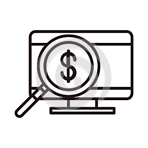 Computer money magnifier analysis shopping or payment mobile banking line style icon