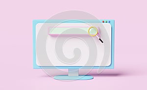 Computer monitor with blank search bar isolated on pink background. ,minimal web search engine or web browsing concept,3d