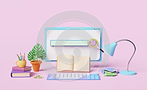 Computer monitor with blank search bar, magnifying glass, book, lamp, coffee cup, pencil isolated on pink background.web search