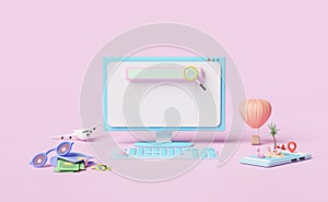 Computer monitor with blank search bar,palms,beach chair,inflatable flamingo,cloud,world,umbrella,palm,plane isolated on pink