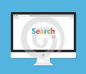 Computer monitor with browser and search bar. Flat style - stock vector photo