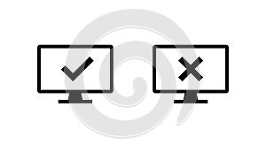Computer monitor with check mark and cross icon. System validation and error notification symbol