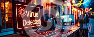 Computer monitor on a desk in a dimly lit office displaying a red alert warning of Virus Detected with a stylized virus icon