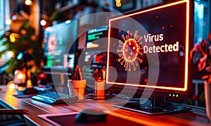 Computer monitor on a desk in a dimly lit office displaying a red alert warning of Virus Detected with a stylized virus icon