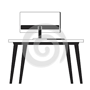 Computer monitor desk office black and white 2D line cartoon object