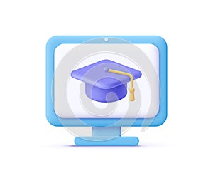 Computer monitor display and graduation cap. Online education, e-learning, online training, workshops and courses.