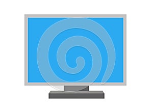 A computer monitor display with light grey bezel light blue screen and dark grey stand white backdrop