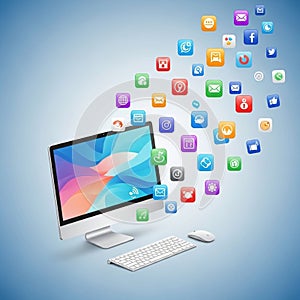 Computer monitor displaying abstract design with vibrant waves in blue and pink