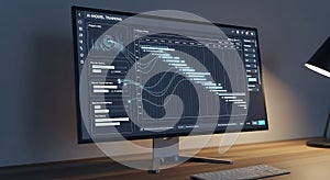 Computer monitor displaying ai model training gantt chart and data analytics interface