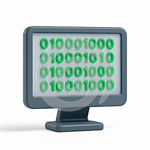 Computer monitor displaying binary code representing data and digital information in a 3d illustration