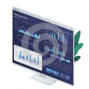 Computer monitor displaying business analytics dashboard titled