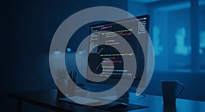 Computer Monitor Displaying Code in Dimly Lit Modern Workspace