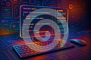 Computer monitor displaying code with neon circuit board background screen programming