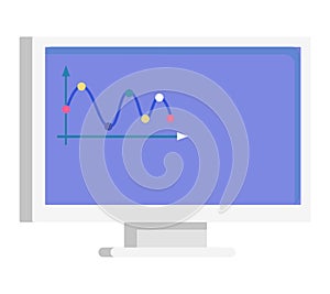 Computer monitor displaying a colorful line graph with data points. Business analytics and performance metrics