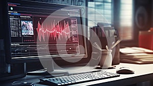 Computer monitor displaying complex data analysis with graphs and visualizations in a modern office setting