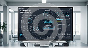 Computer monitor displaying a complex data dashboard focused on data privacy