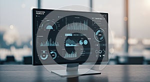 Computer monitor displaying a corporate dashboard with various data visualizations,