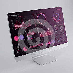 Computer monitor displaying a corporate dashboard with various data visualizations