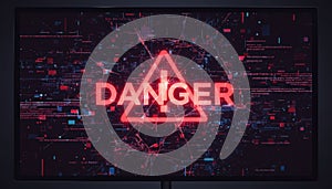 Computer monitor displaying danger warning cybersecurity system error