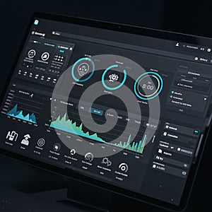 A computer monitor displaying a dark-themed user interface dashboard. The screen