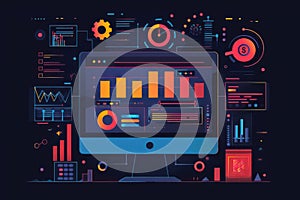A computer monitor displaying data charts and graphs surrounded by futuristic icons representing data analysis