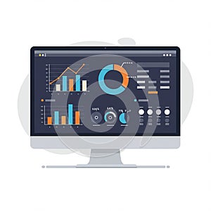 A computer monitor displaying a data dashboard with various charts and graphs. The