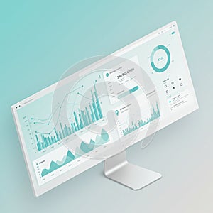 A computer monitor displaying a data dashboard with various charts and graphs.