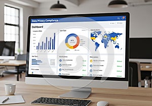 Computer monitor displaying a data privacy compliance dashboard in an office setting. The screen