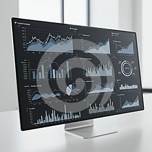 Computer monitor displaying data visualizations including line graphs, bar charts, pie