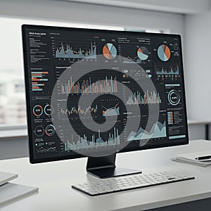 Computer monitor displaying a detailed data analytics dashboard. The screen shows