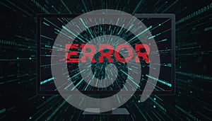 Computer monitor displaying digital error with binary code background