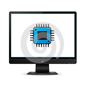 A computer monitor displaying a digital illustration of a microchip. The microchip is
