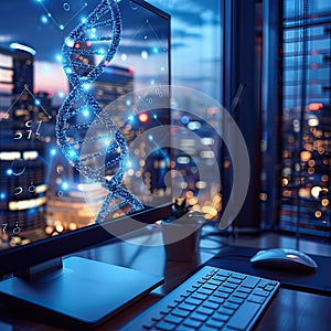 A computer monitor displaying a DNA structure on its screen