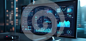 A computer monitor displaying financial data charts and graphs in a dark room