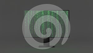 Computer monitor displaying green binary code and digital data