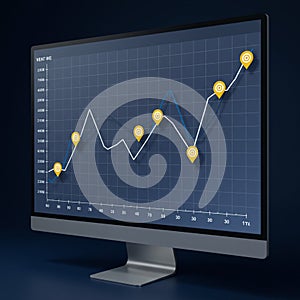 Computer monitor displaying a line graph with a dark grid background. The graph