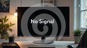 Computer Monitor Displaying No Signal Message in Modern Office