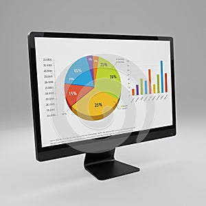 Computer monitor displaying a pie chart and a bar graph. The pie chart is colored with
