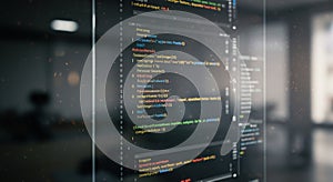 Computer monitor displaying programming code against a blurred office background.