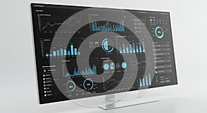 Computer monitor displaying various data visualizations on a dark-themed interface.