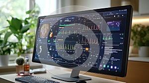 Computer monitor displaying various graphs and charts